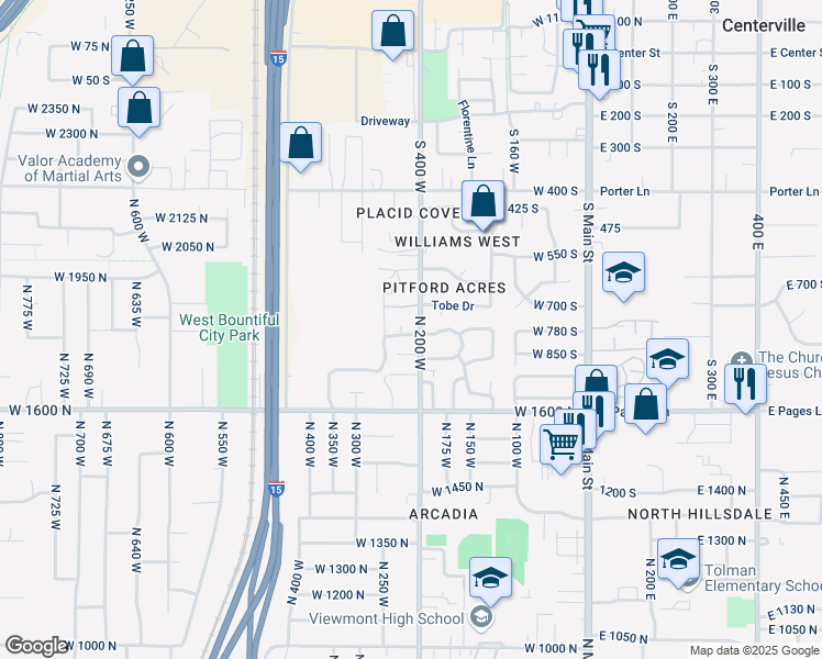 map of restaurants, bars, coffee shops, grocery stores, and more near 204 Lyman Lane in Bountiful