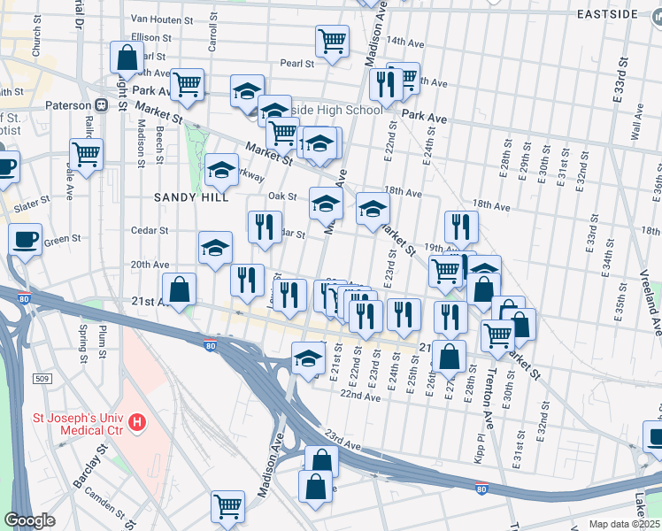 map of restaurants, bars, coffee shops, grocery stores, and more near 933 Madison Avenue in Paterson