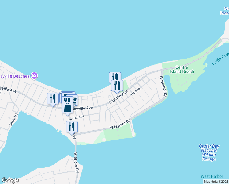 map of restaurants, bars, coffee shops, grocery stores, and more near 20 Greenwich Avenue in Bayville