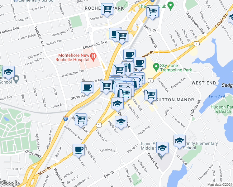 map of restaurants, bars, coffee shops, grocery stores, and more near 40 Memorial Highway in New Rochelle