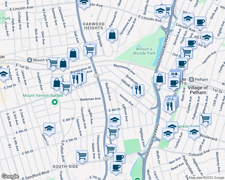 map of restaurants, bars, coffee shops, grocery stores, and more near in Mount Vernon