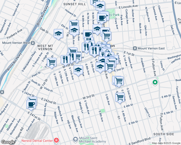 map of restaurants, bars, coffee shops, grocery stores, and more near 30 South 8th Avenue in Mount Vernon