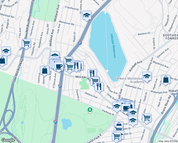map of restaurants, bars, coffee shops, grocery stores, and more near 35 Westmoreland Drive in Yonkers