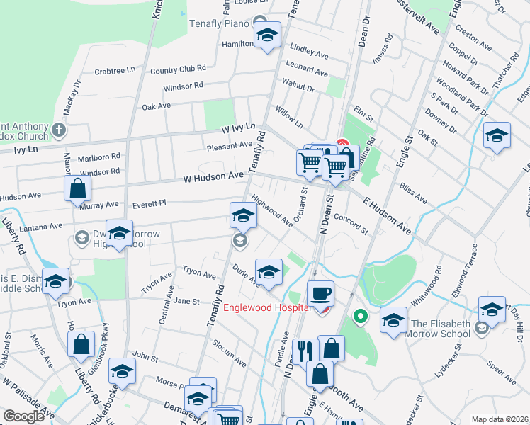 map of restaurants, bars, coffee shops, grocery stores, and more near 98 Highwood Avenue in Englewood