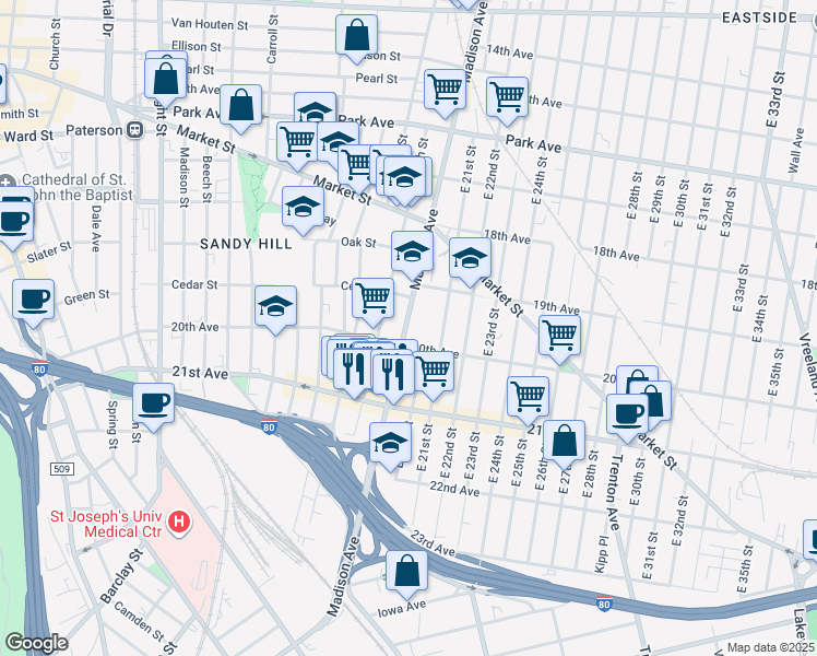 map of restaurants, bars, coffee shops, grocery stores, and more near 920 Madison Avenue in Paterson