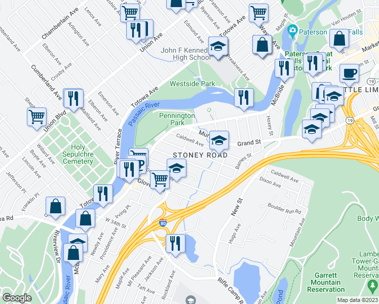 map of restaurants, bars, coffee shops, grocery stores, and more near 114 Caldwell Avenue in Paterson
