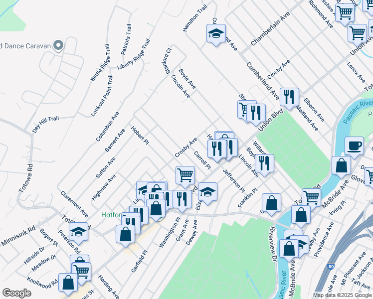 map of restaurants, bars, coffee shops, grocery stores, and more near in Paterson