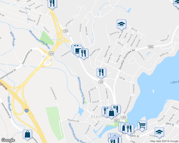 map of restaurants, bars, coffee shops, grocery stores, and more near 109 Highway 183 in Stanhope