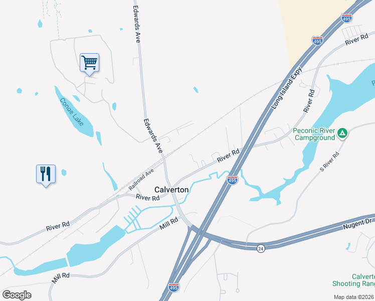 map of restaurants, bars, coffee shops, grocery stores, and more near 104 Edwards Avenue in Calverton