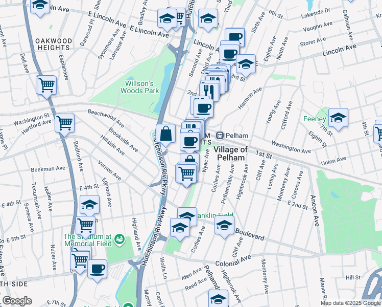 map of restaurants, bars, coffee shops, grocery stores, and more near 111 Wolfs Lane in Village of Pelham