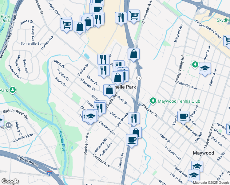 map of restaurants, bars, coffee shops, grocery stores, and more near 31 West Passaic Street in Rochelle Park