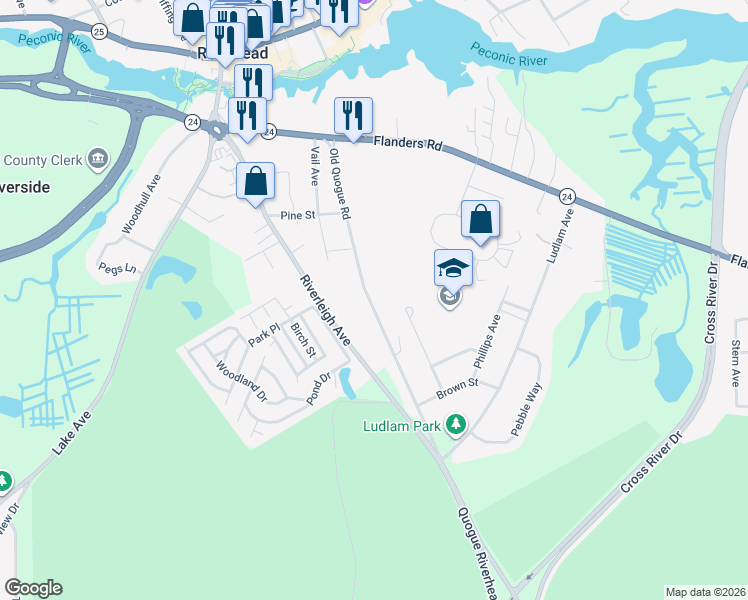 map of restaurants, bars, coffee shops, grocery stores, and more near 124 Old Quogue Road in Riverhead