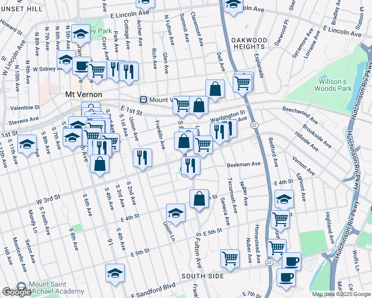 map of restaurants, bars, coffee shops, grocery stores, and more near 135 South Fulton Avenue in Mount Vernon