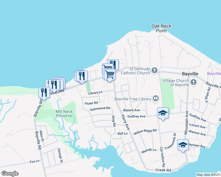 map of restaurants, bars, coffee shops, grocery stores, and more near 74 Bayville Avenue in Bayville