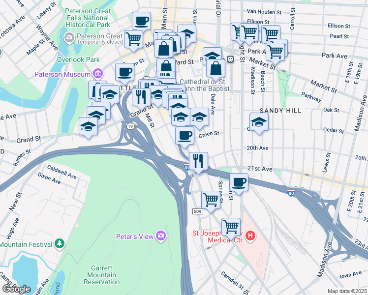 map of restaurants, bars, coffee shops, grocery stores, and more near 482 Main Street in Paterson