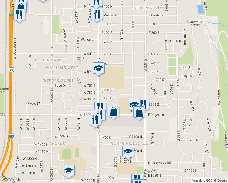 map of restaurants, bars, coffee shops, grocery stores, and more near 150 East 735 South in Centerville