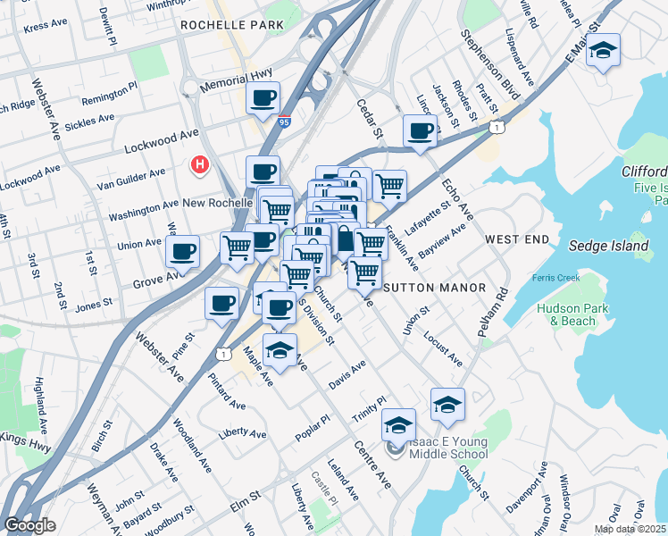 map of restaurants, bars, coffee shops, grocery stores, and more near 456 Main Street in New Rochelle