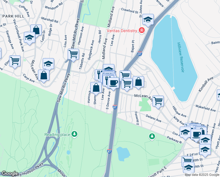 map of restaurants, bars, coffee shops, grocery stores, and more near McLean Avenue & South Devoe Avenue in Yonkers