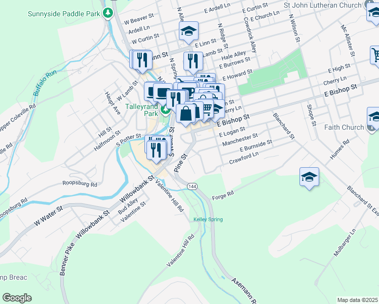 map of restaurants, bars, coffee shops, grocery stores, and more near 311 South Spring Street in Bellefonte