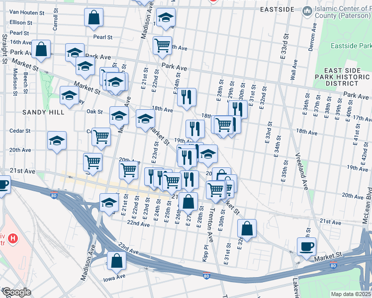 map of restaurants, bars, coffee shops, grocery stores, and more near 120 19th Avenue in Paterson