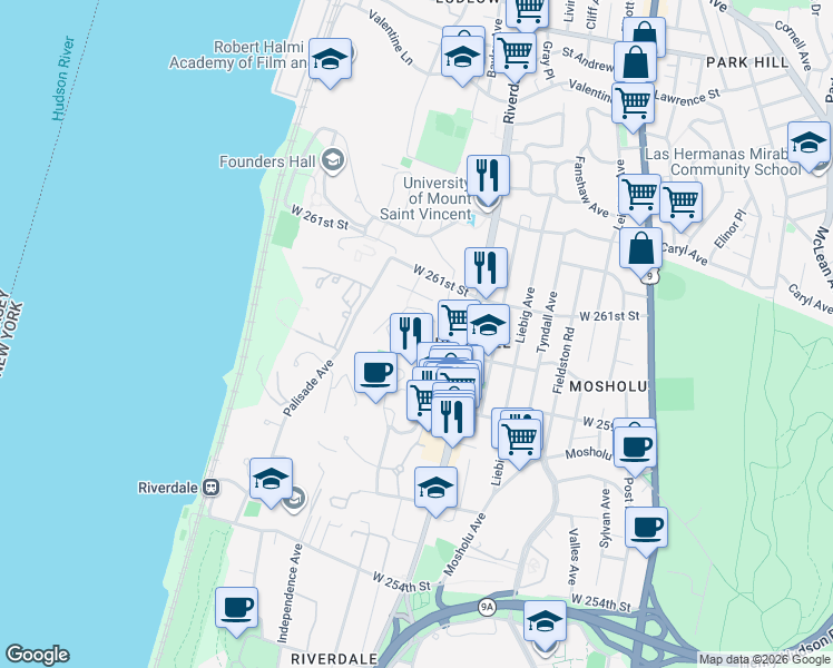 map of restaurants, bars, coffee shops, grocery stores, and more near 5900 Arlington Avenue in Bronx