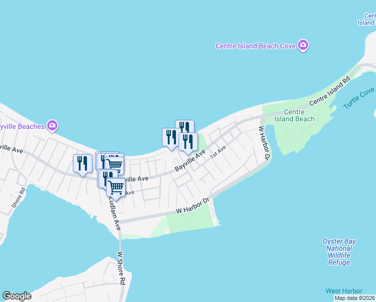 map of restaurants, bars, coffee shops, grocery stores, and more near 20 Greenwich Avenue in Bayville