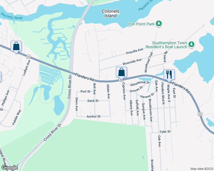 map of restaurants, bars, coffee shops, grocery stores, and more near 675 Flanders Road in Riverhead