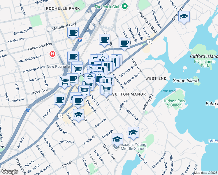 map of restaurants, bars, coffee shops, grocery stores, and more near 16 Locust Avenue in New Rochelle