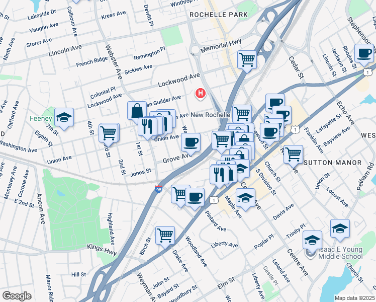 map of restaurants, bars, coffee shops, grocery stores, and more near 37 Warren Street in New Rochelle