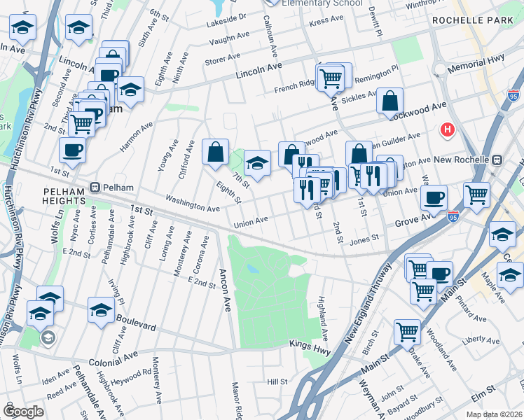 map of restaurants, bars, coffee shops, grocery stores, and more near 298 Washington Avenue in New Rochelle