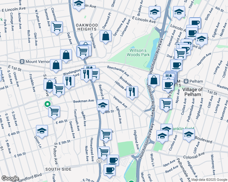 map of restaurants, bars, coffee shops, grocery stores, and more near in Mount Vernon
