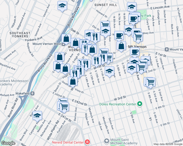 map of restaurants, bars, coffee shops, grocery stores, and more near 190 West 1st Street in Mount Vernon