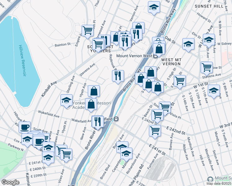 map of restaurants, bars, coffee shops, grocery stores, and more near 245 Bronx River Road in Yonkers