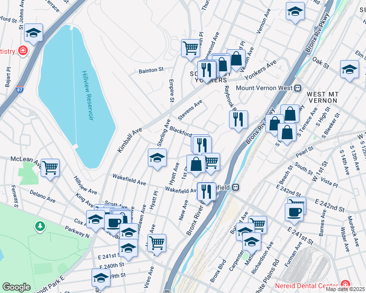map of restaurants, bars, coffee shops, grocery stores, and more near 208 Hyatt Avenue in Yonkers