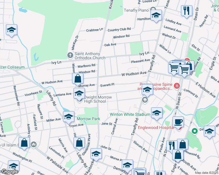 map of restaurants, bars, coffee shops, grocery stores, and more near 235 Everett Place in Englewood