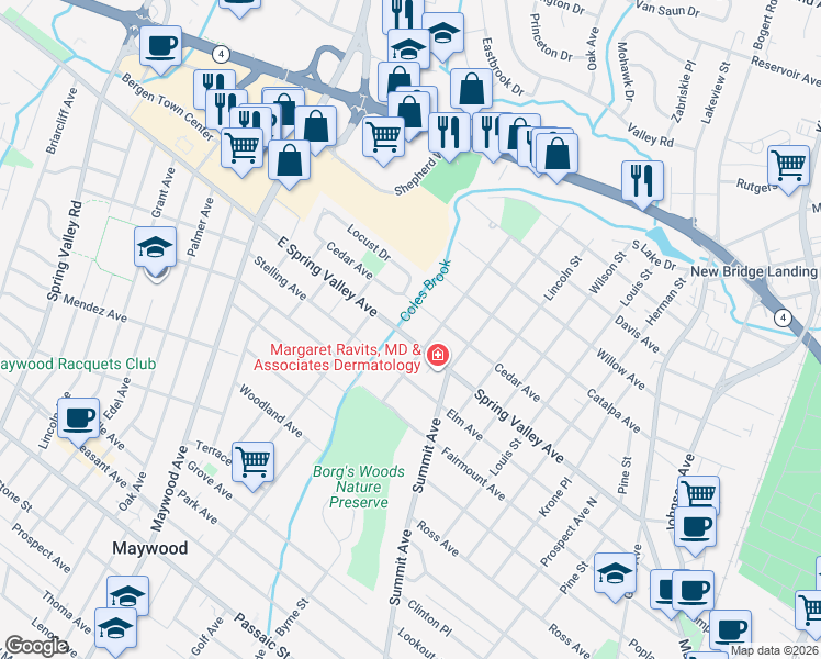 map of restaurants, bars, coffee shops, grocery stores, and more near 181 East Spring Valley Avenue in Maywood