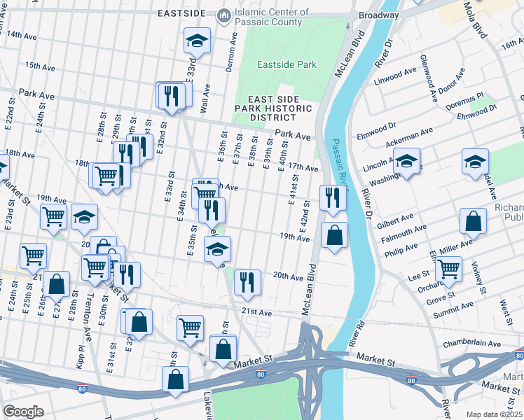 map of restaurants, bars, coffee shops, grocery stores, and more near 389 East 39th Street in Paterson