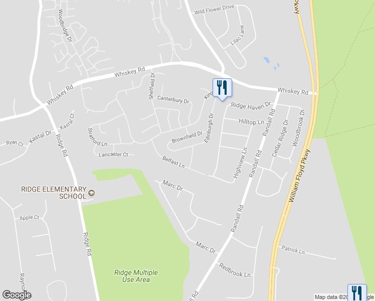 map of restaurants, bars, coffee shops, grocery stores, and more near 190 Edinburgh Drive in Ridge