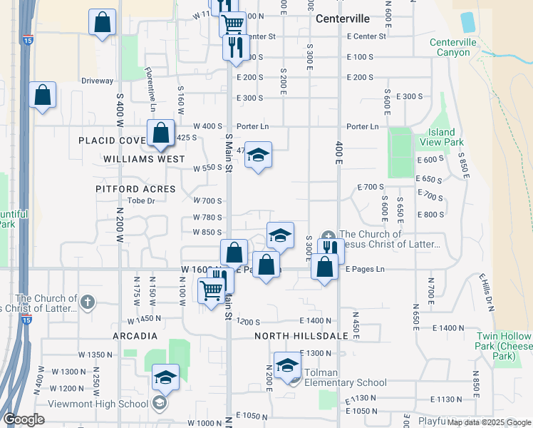 map of restaurants, bars, coffee shops, grocery stores, and more near 156 East 735 South in Centerville
