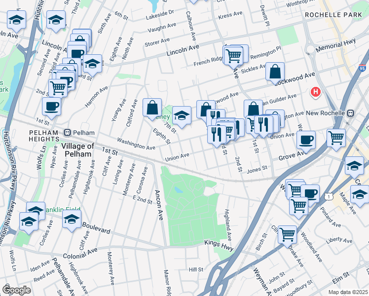 map of restaurants, bars, coffee shops, grocery stores, and more near 298 Washington Avenue in New Rochelle