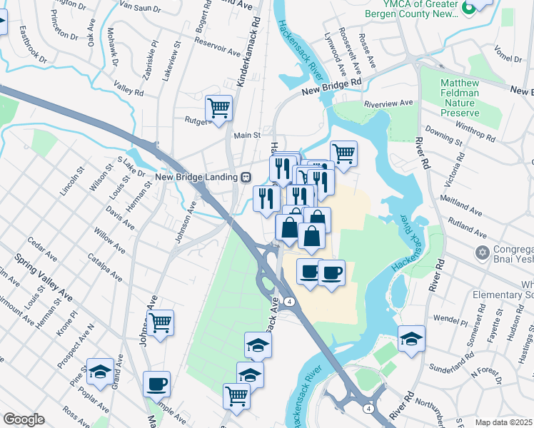 map of restaurants, bars, coffee shops, grocery stores, and more near 433 County Road 503 in Hackensack