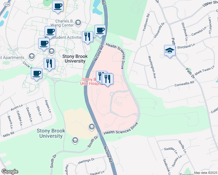 map of restaurants, bars, coffee shops, grocery stores, and more near 101 Nicolls Road in Stony Brook