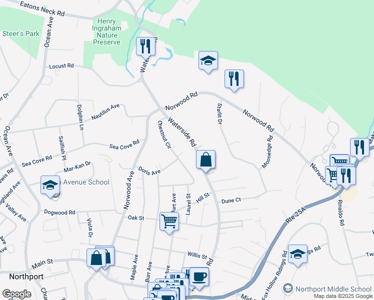 map of restaurants, bars, coffee shops, grocery stores, and more near 10 Doris Court in Northport