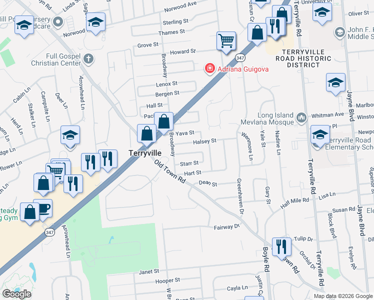 map of restaurants, bars, coffee shops, grocery stores, and more near 19 Church Street in Port Jefferson Station