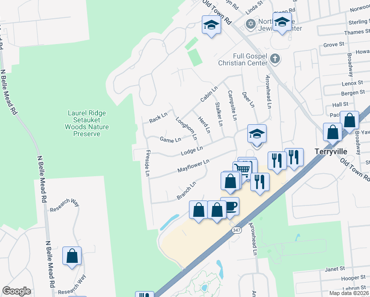 map of restaurants, bars, coffee shops, grocery stores, and more near 4 Longhorn Lane in Setauket- East Setauket