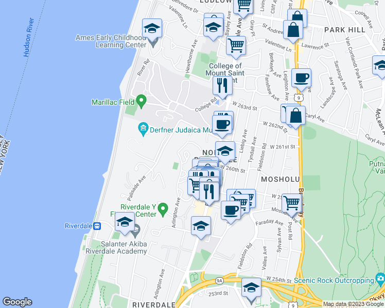 map of restaurants, bars, coffee shops, grocery stores, and more near 6007 Netherland Avenue in Bronx