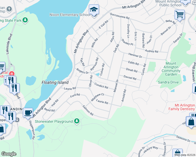 map of restaurants, bars, coffee shops, grocery stores, and more near 34 Rogers Drive in Roxbury Township