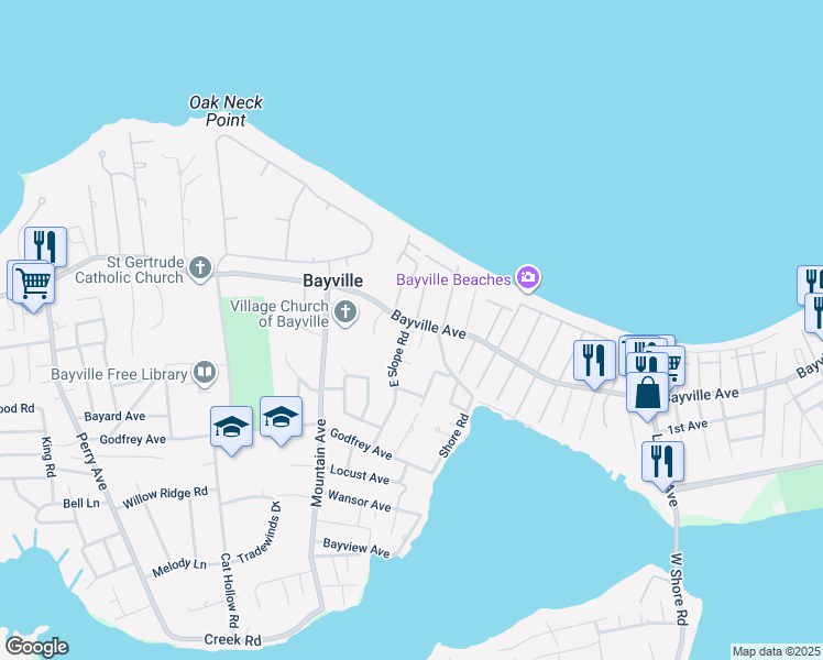 map of restaurants, bars, coffee shops, grocery stores, and more near 1A Hilltop Drive in Bayville