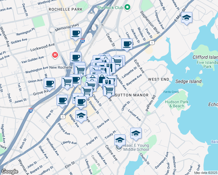 map of restaurants, bars, coffee shops, grocery stores, and more near 16 Locust Avenue in New Rochelle