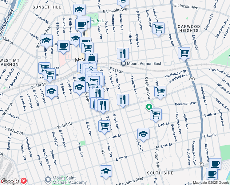 map of restaurants, bars, coffee shops, grocery stores, and more near in Mount Vernon
